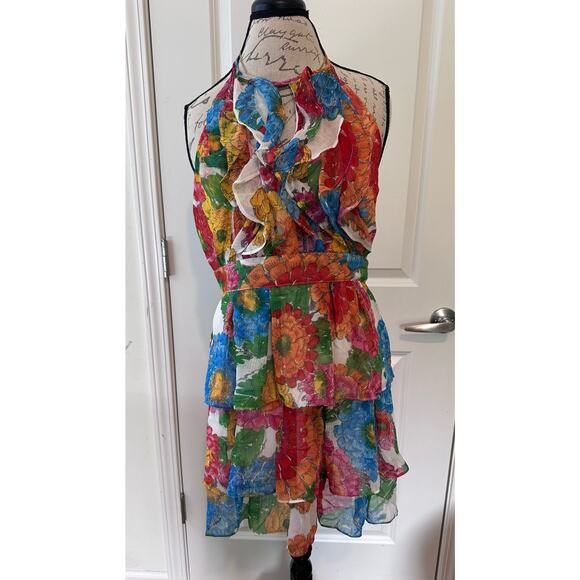 Women’s sz L Ruffle tropical Floral Print halter dress sundress night out - Picture 1 of 7